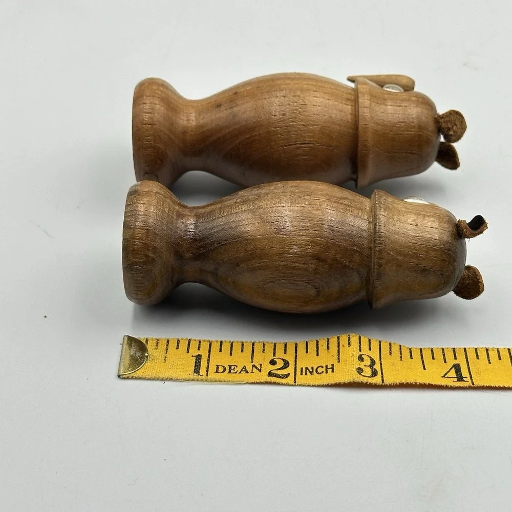Vtg Wooden Owl Salt And Pepper‎ Shakers MCM Leather Ears Googly eyes Japan